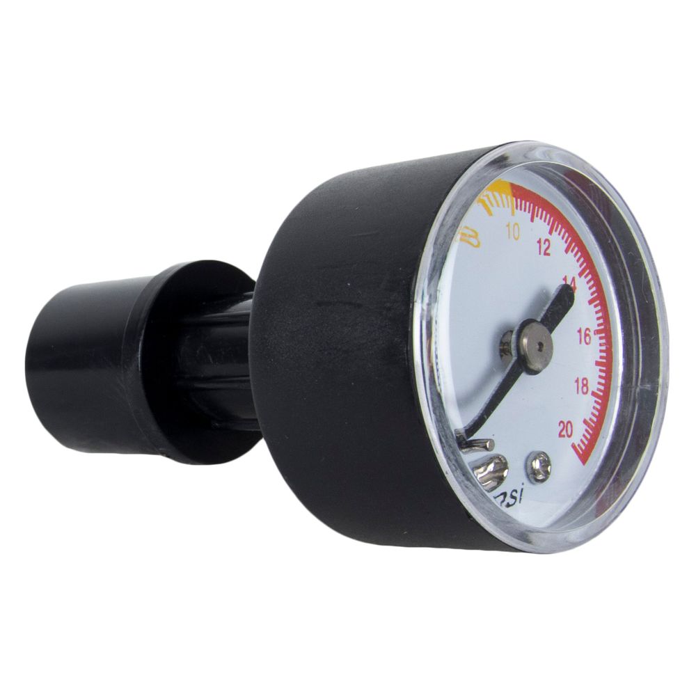 The NRS Pressure Gauge - Mechanical features a black casing with a clear cover and is ideal for monitoring air pressure in inflatable boat accessories, with a dial measuring up to 20 psi.