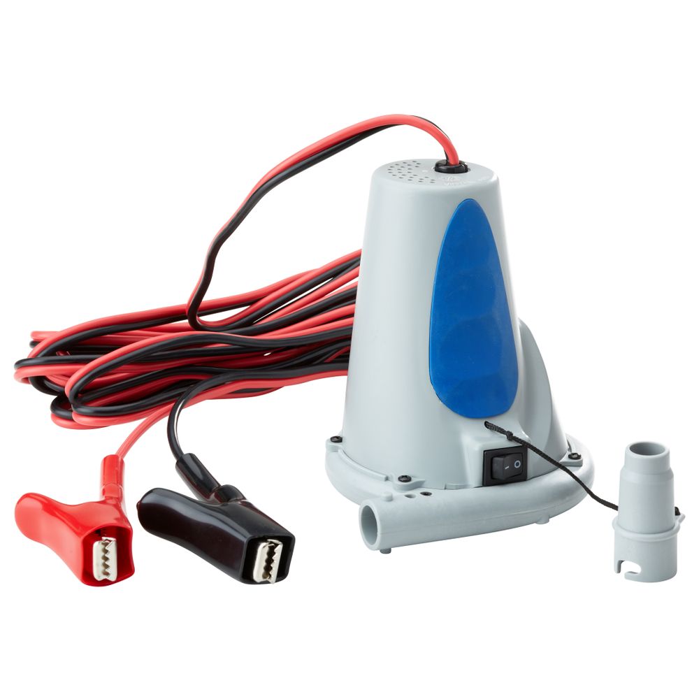 The NRS Blast 12V Electric Pump comes with attached cables and clamps, a convenient switch, and blue accents, making it perfect for easily inflating your inflatable crafts.