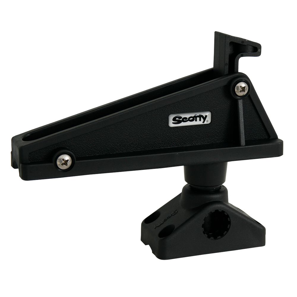 The Scotty Anchor Mount by Scotty is a black plastic rod holder mounted on an adjustable base with two visible screws, intended for use on a fishing boat.