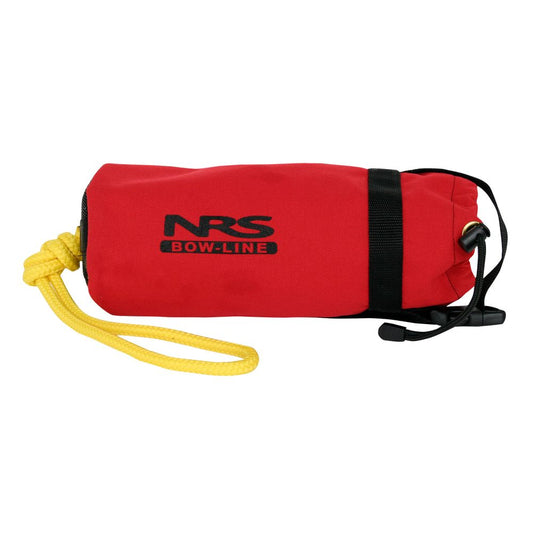 Red NRS Bow Line Bag made with Cordura, includes a black strap and bright yellow polypropylene rope.