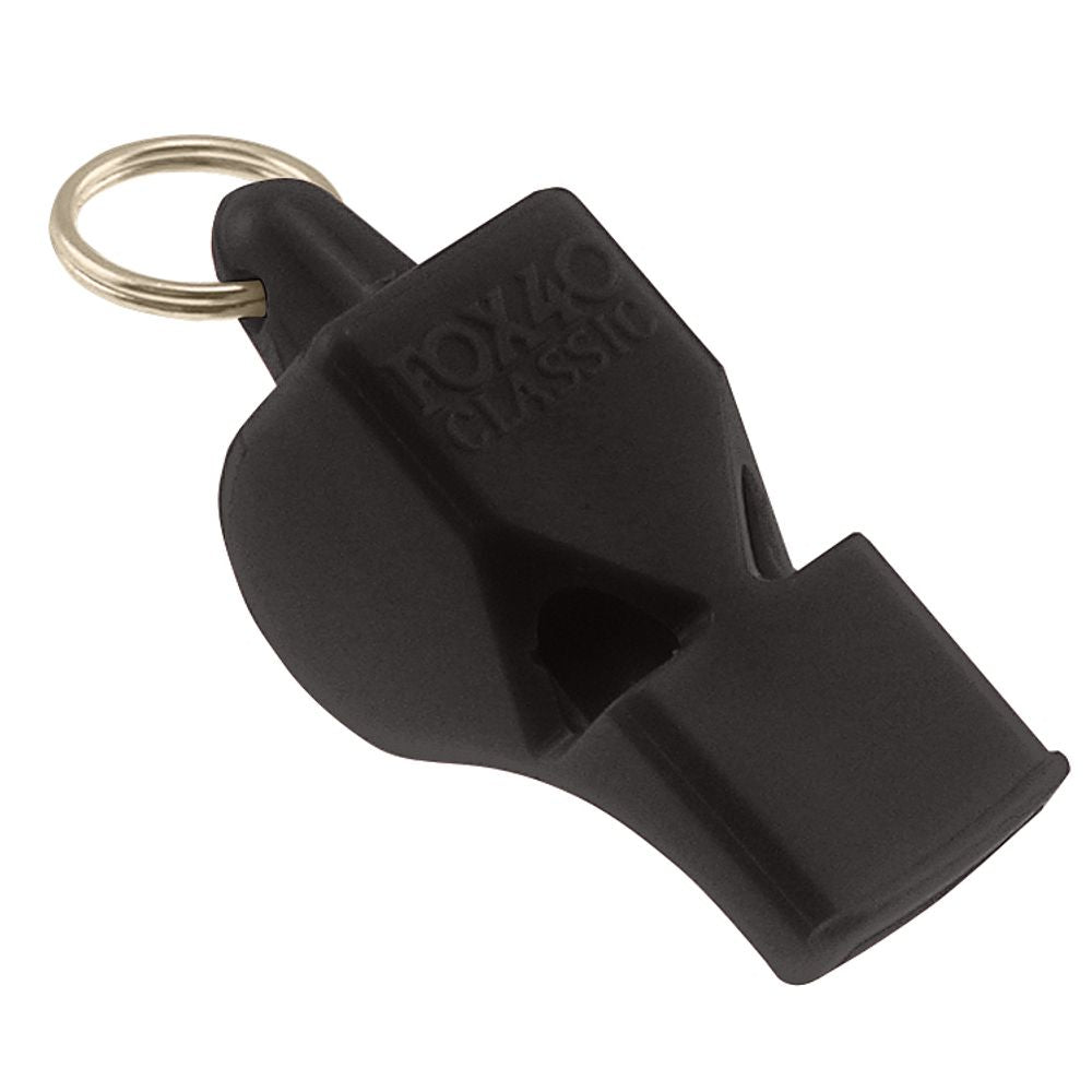 The NRS Fox 40 Safety Whistle is a black whistle made from durable plastic, featuring a metal ring for easy attachment to paddling gear. It's ideal for signaling rescuers in emergencies.