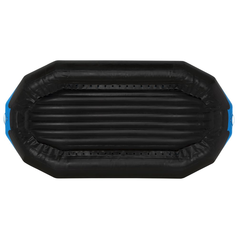 Top view of an NRS E-Series inflatable raft in black with blue accents, featuring multiple air chambers and durable Pennel Orca fabric, ideal for expeditions.