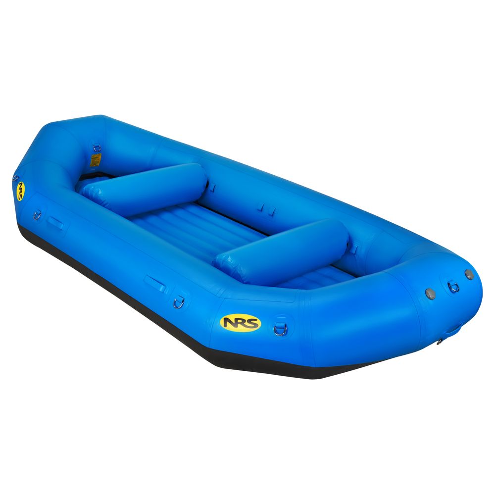 The E-Series Rafts by NRS are blue inflatable rafts with two air-filled seats, durable Leafield C7 valves, and adorned with a yellow NRS logo.