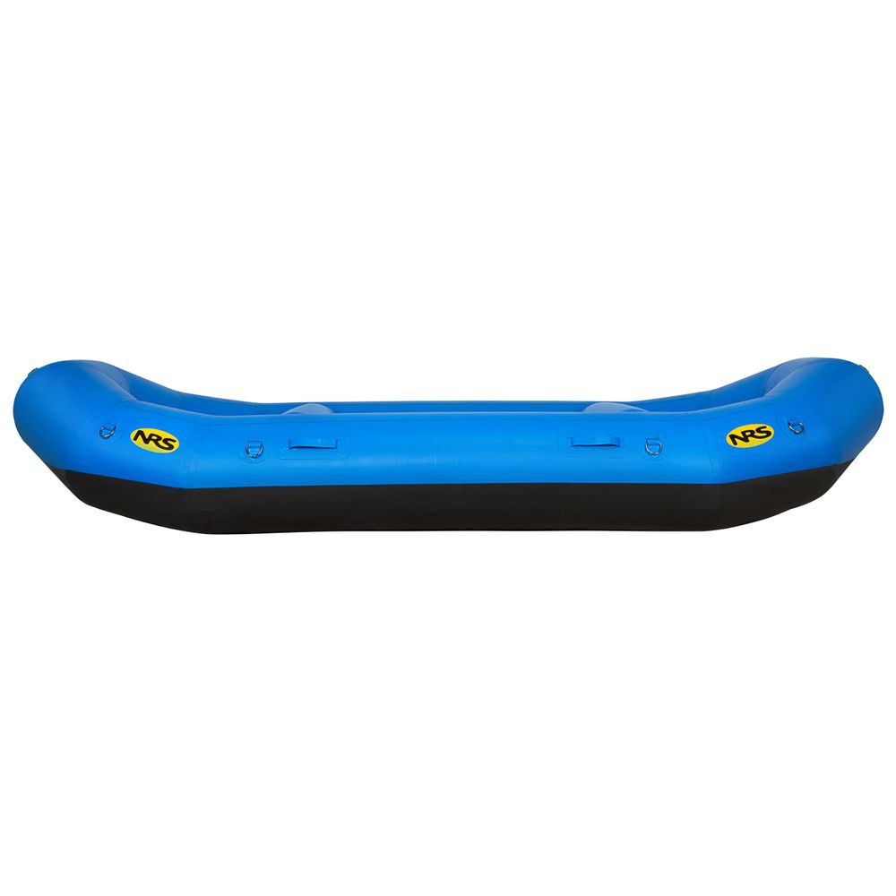 The NRS E-Series Rafts feature a blue inflatable raft with a sturdy black bottom, two yellow side logos, and reliable Leafield C7 valves for effortless inflation and deflation.