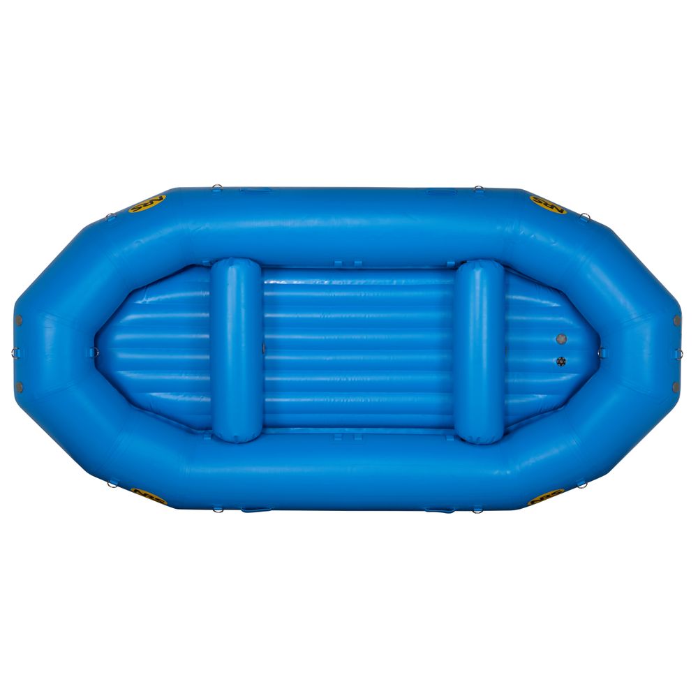 Top view of an NRS E-Series Raft, featuring two seats and made from durable Pennel Orca fabric, in a blue color.