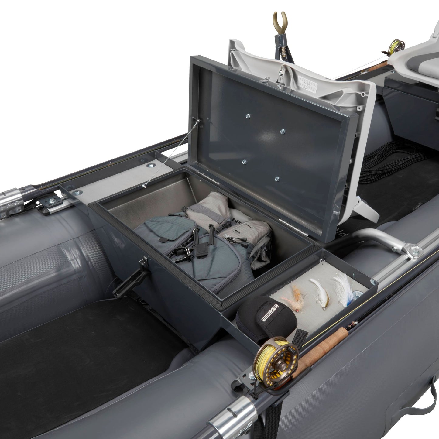 A NRS Approach Fishing Raft with an open storage compartment displaying gear and tackle.
