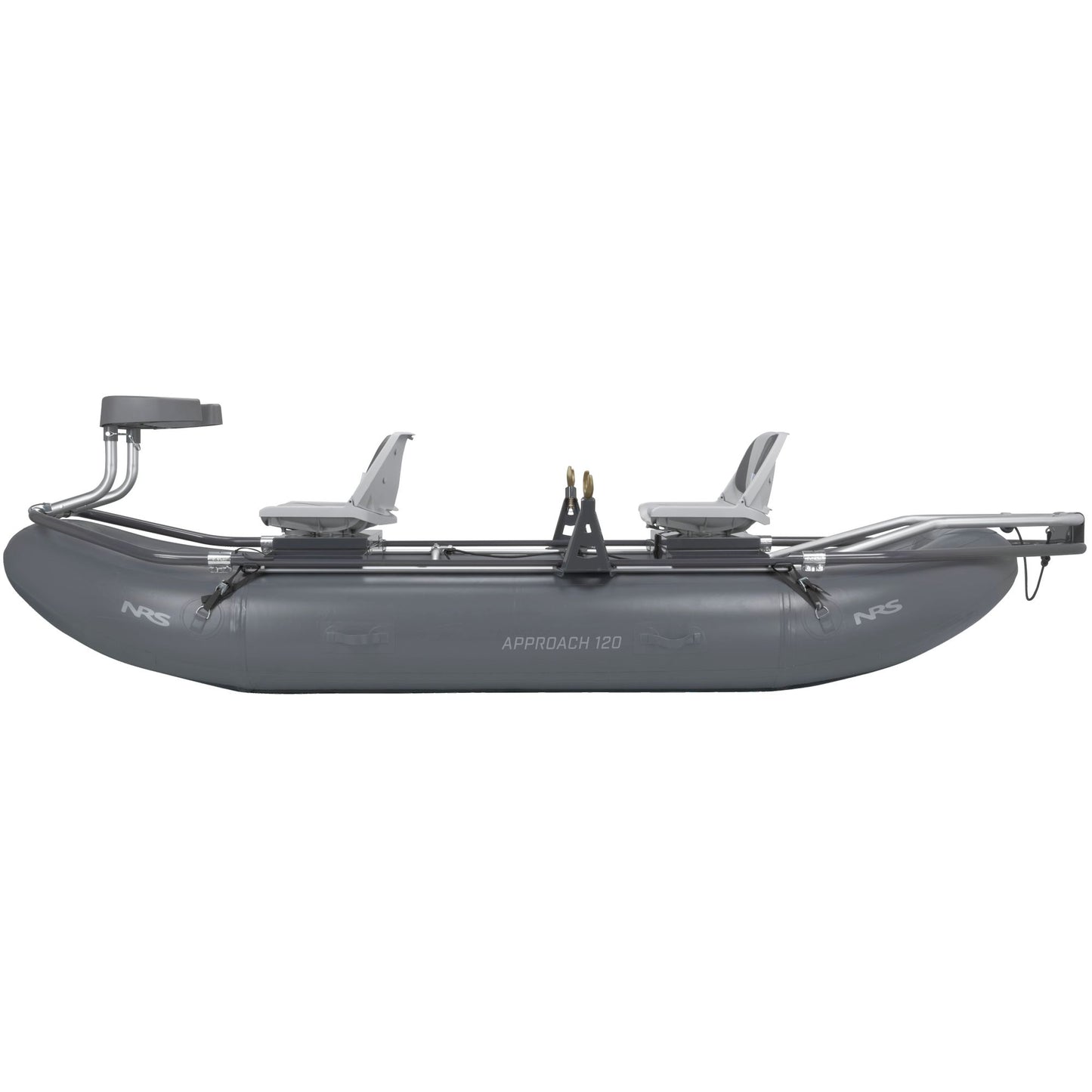 Inflatable lightweight NRS Approach Fishing Raft with mounted seats and accessories on a white background.