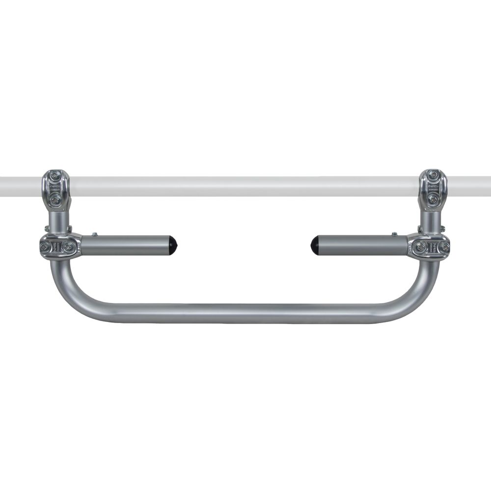 The gray U-shaped Deluxe Foot Bar by NRS is crafted from durable aluminum alloy and seamlessly mounts onto a white frame.