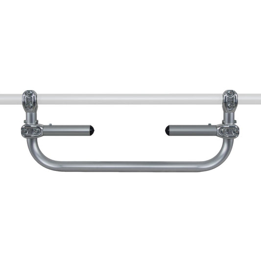 The gray U-shaped Deluxe Foot Bar by NRS is crafted from durable aluminum alloy and seamlessly mounts onto a white frame.