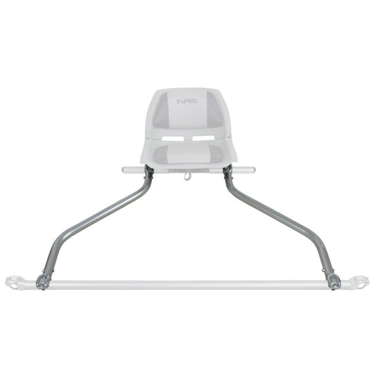 White rowing seat featuring a metal frame and foot bar; compatible with NRS Frame Stern Side Rails using LoPro Frame Fittings for easy boat or raft attachment.