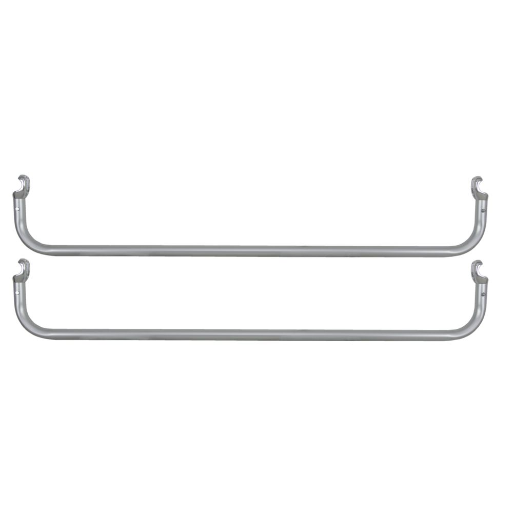 Two NRS Cat Frame Drop Rails, silver and parallel on a white background, mirror the sleek design of a cataraft frame.