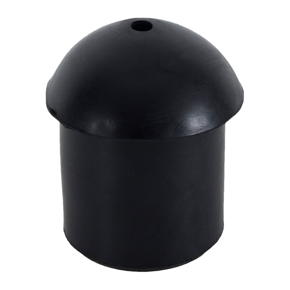 The NRS Frame Plugs are black, dome-shaped rubber caps with a 1 3/8" interior diameter and a small hole at the top, designed to fit over cylindrical objects and UV resistant for durability in various weather conditions.