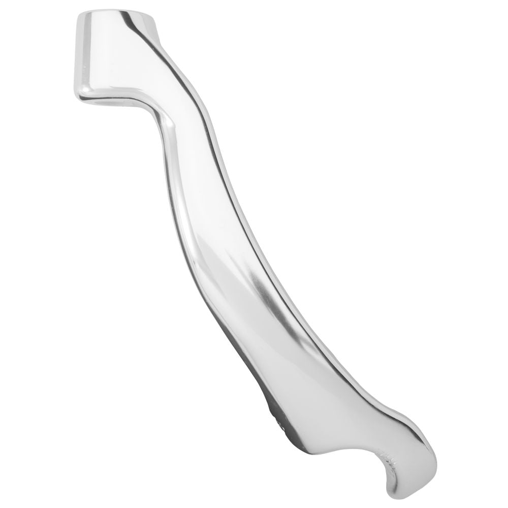 A sleek, silver metallic curved object with a smooth, polished surface resembles an NRS Oar Tower Stand part or aluminum construction handle, isolated on a white background.