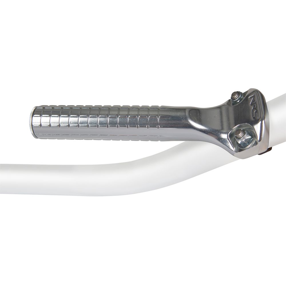 A close-up of the NRS Frame Foot Peg, made from durable forged aluminum, securely attached to a sleek white frame.