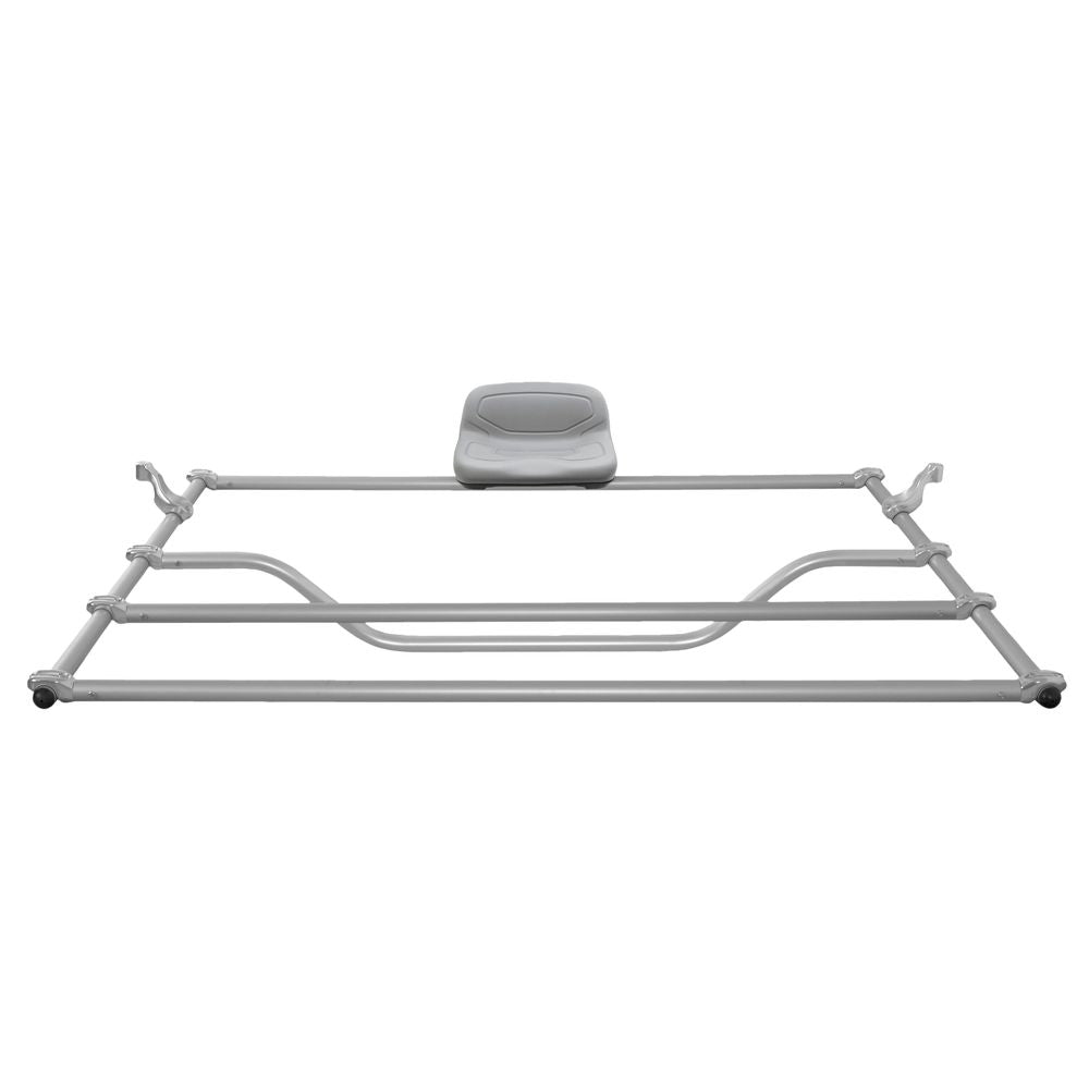 The NRS Bighorn I Raft Frame features a gray modular anodized aluminum structure with a central padded seat, designed for support and attachment as part of its function.