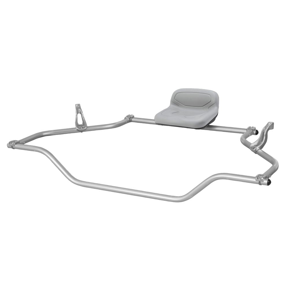 On a white background, the gray metal Stern Raft Frame by NRS includes a cushioned seat and integrated oar mounts, fitting seamlessly into the versatile NRS frame system.