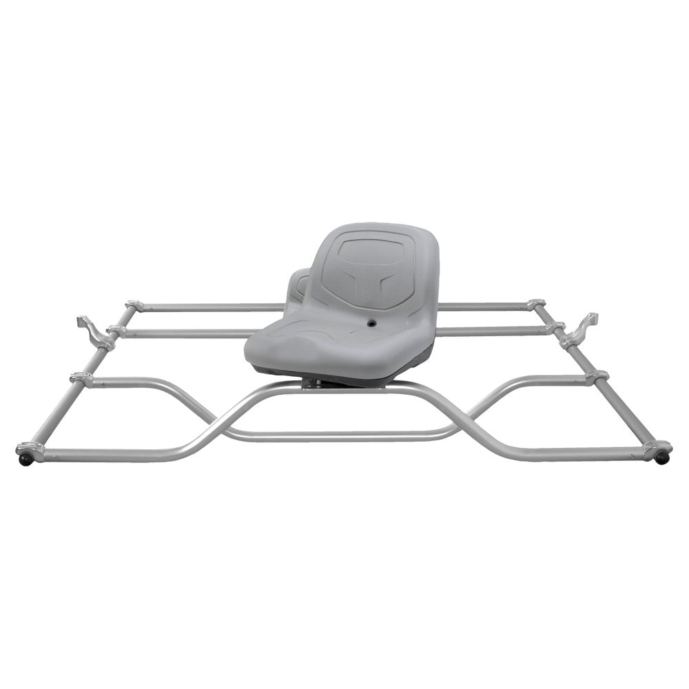 NRS Raft Fishing Frame features a single gray high-back swivel seat mounted on an anodized aluminum frame with casters, tailored for automotive or machinery use.