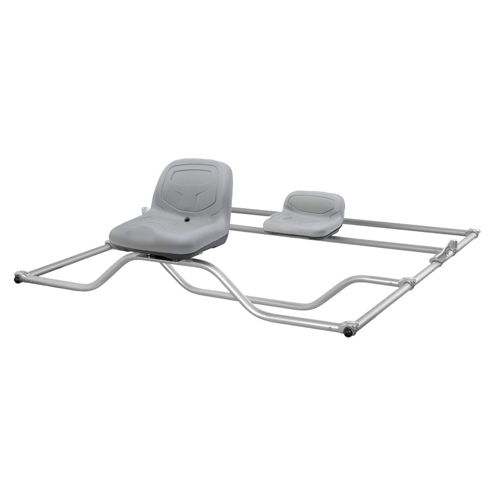 NRS's Raft Fishing Frame features two gray high-back swivel seats mounted on an anodized aluminum frame with curved support bars and adjustable connectors.