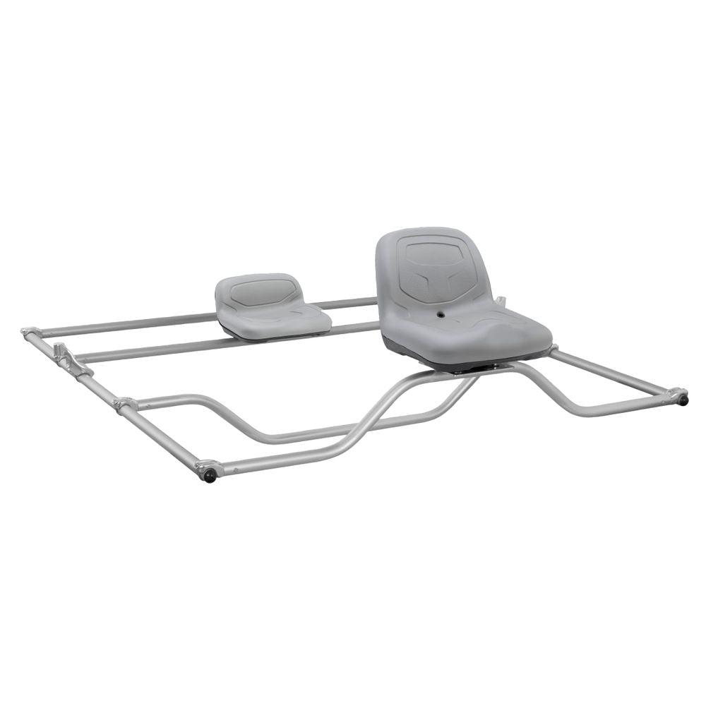 The NRS Raft Fishing Frame features two gray high-back swivel seats mounted on an anodized aluminum frame, arranged one behind the other.