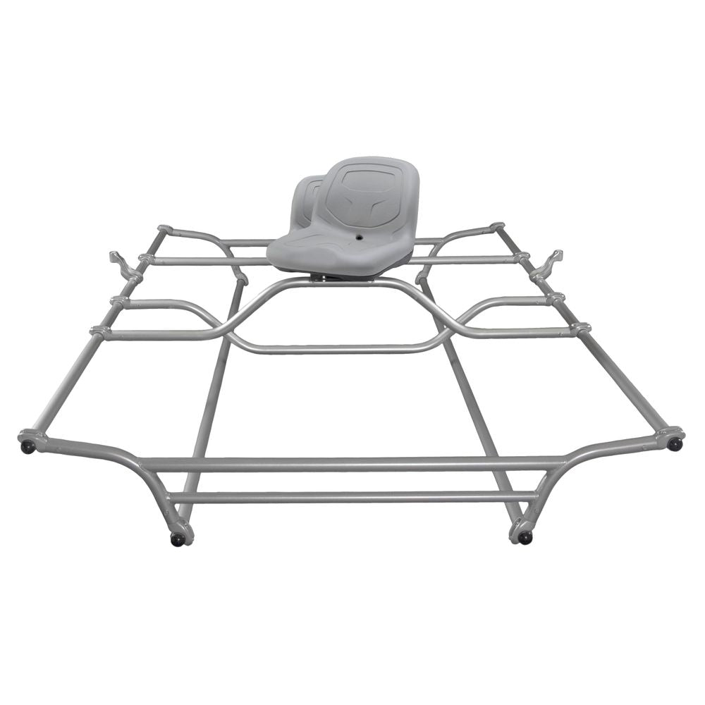 The NRS Cat Fish Frame features a modular anodized aluminum design with a central curved plastic seat and four corner mounts, making it ideal for racing or karting simulators.