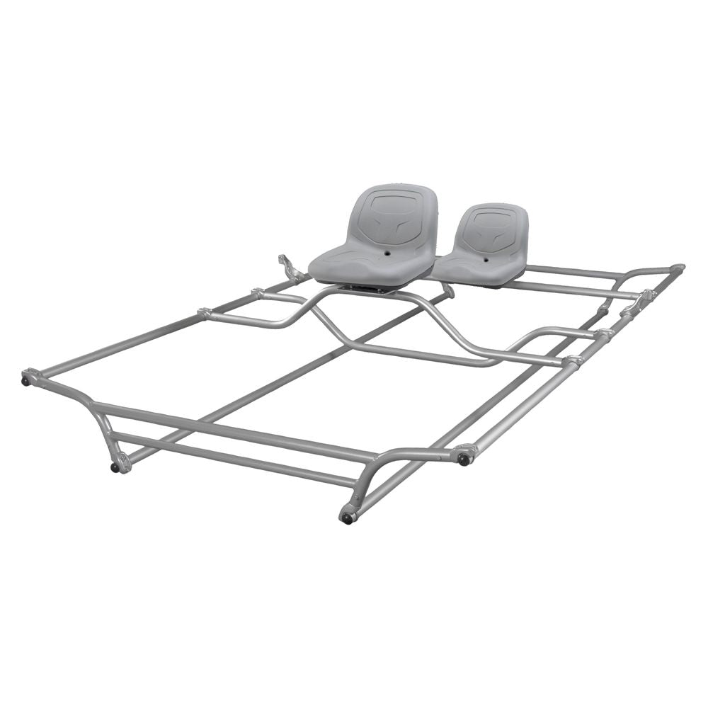 The Cat Fish Frame by NRS features two gray high-back swivel seats on a sleek metallic frame, designed for tandem seating. Its modular anodized aluminum frame offers both durability and style.