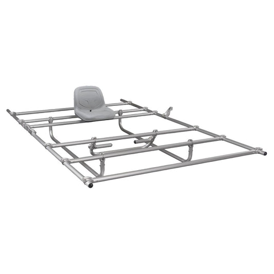 The NRS Universal Cat Frame is a metal boat frame featuring a grey seat and support beams, providing sturdy support.