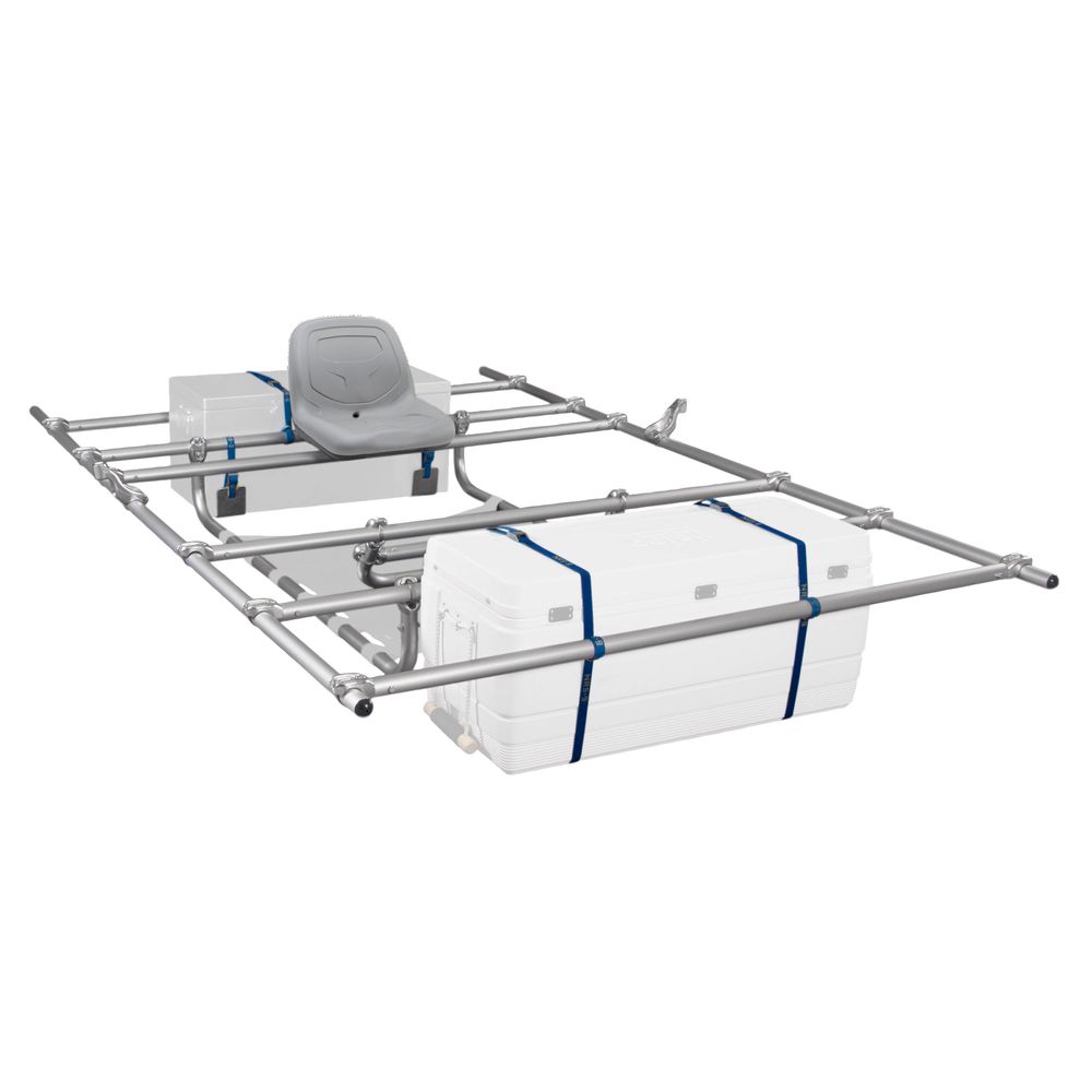 The Universal Cat Frame by NRS features a metal frame with two large white coolers, one expertly mounted with a grey seat. With clean lines and functional design, it embodies the simplicity and versatility similar to an NRS frame system.