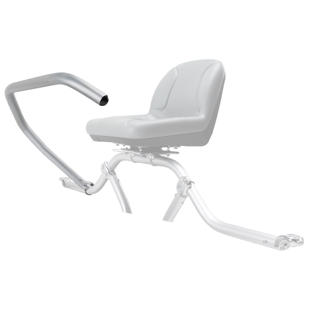 The NRS Frame Thigh Bar features a partially assembled aluminum frame with a gray padded seat and backrest, highlighted by a left-side curved armrest. Perfect for fishing enthusiasts, it provides comfort and support with its smart design.