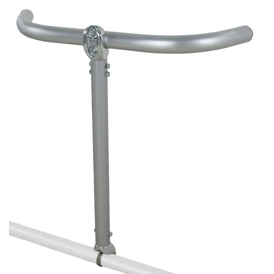 The NRS Frame Y Thigh Bar, in silver, is mounted on a vertical pole and attached by screws to deliver excellent support for stability and balance while fishing.