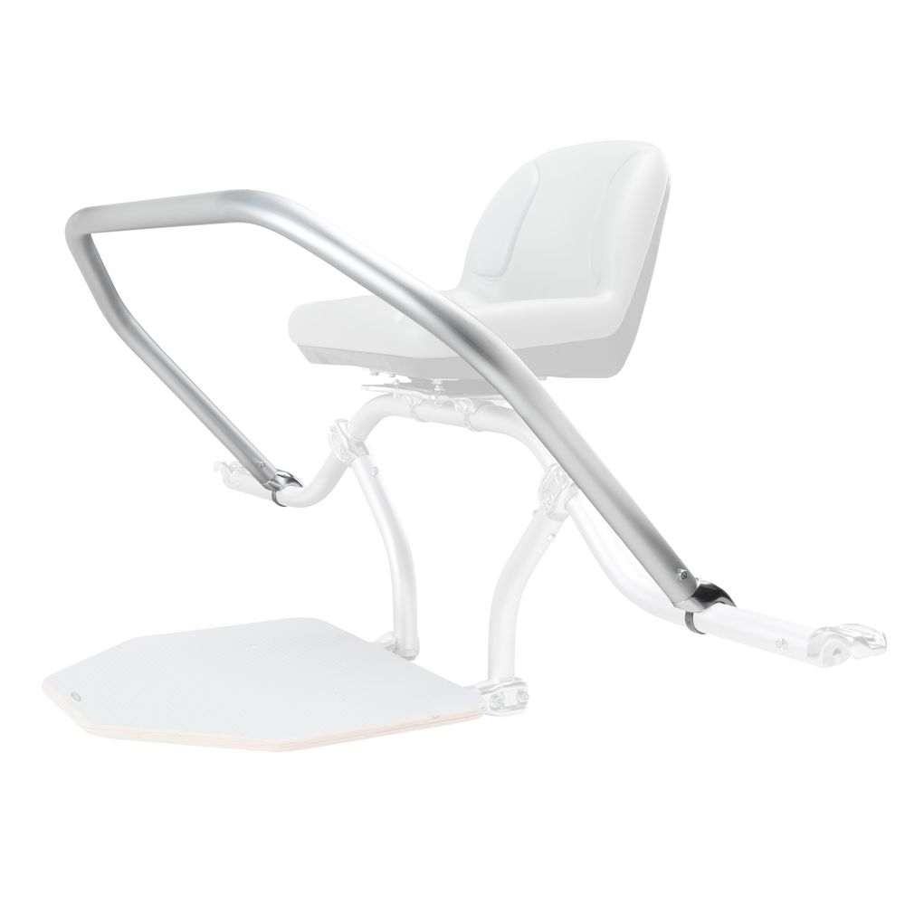 U-Shaped Thigh Bar by NRS, featuring a white seat and a gray metal frame, offers accessibility and reliable support to assist individuals with mobility challenges in entering and exiting pools.