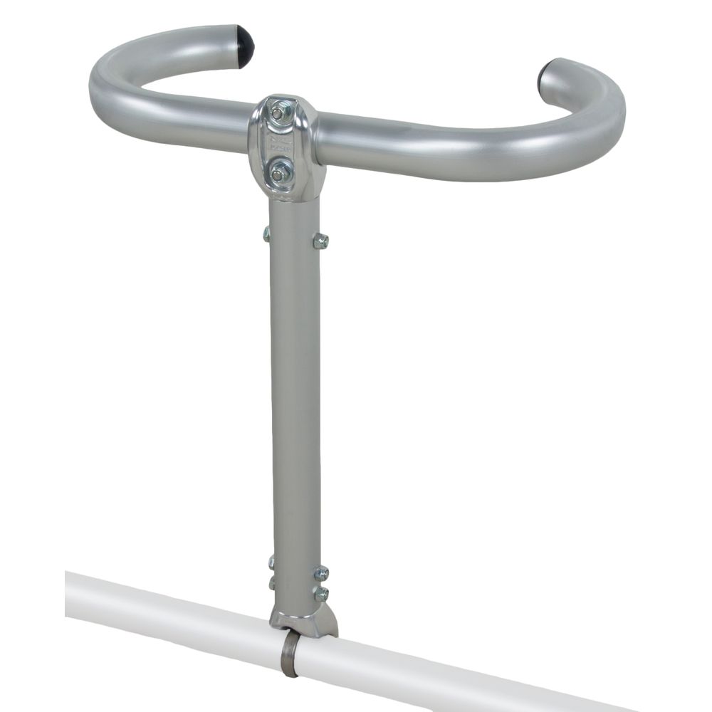 The NRS Frame Rear Thigh Hook securely connects, featuring a silver grab bar with a U-shaped handle linked to a horizontal white bar, perfect for drift-boat-style fly fishing enthusiasts.