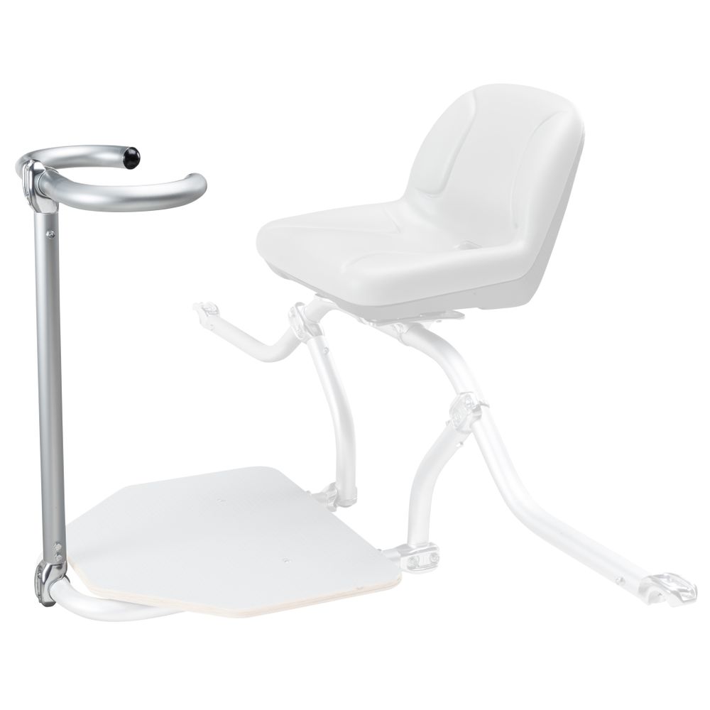 The NRS Frame Front Thigh Hook is a white ergonomic standing aid with a padded seat and backrest, LoPro fittings for stability, metal support, and a foot platform.