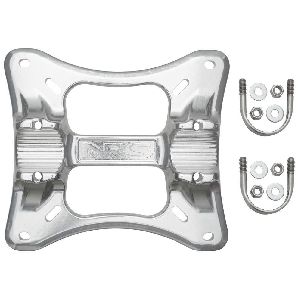 The NRS Universal Seat Mount includes a branded metal bracket and two U-bolts with nuts and washers, fitting multiple seat bolt patterns on your raft frame.