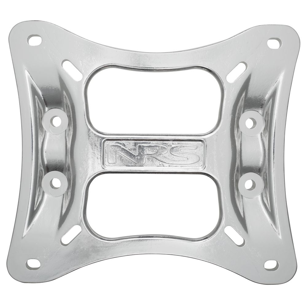 The NRS Universal Seat Mount includes a metal mounting plate with four holes to fit diverse seat bolt patterns. Embossed with "NRS" in the center, it's a vital component for any raft frame setup.