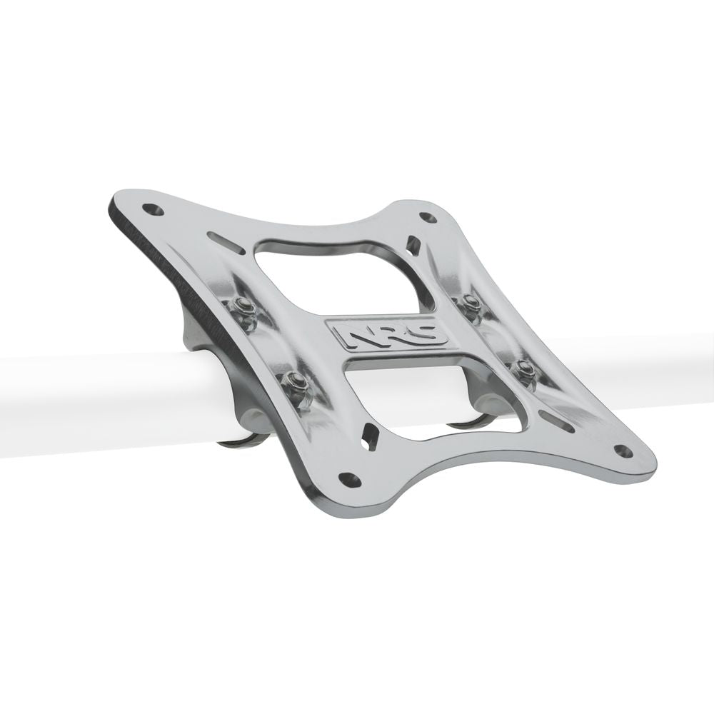 The NRS Universal Seat Mount includes a silver metal bracket and a white cylindrical rod with multiple holes and a cutout design, perfect for seat bolt patterns or securing your raft frame.