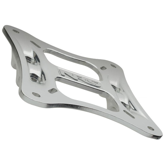 A shiny, silver metallic bracket with multiple holes and cutouts, engraved with "NRG" on its center, designed to fit seamlessly with NRS Universal Seat Mounts and compatible seat bolt patterns.