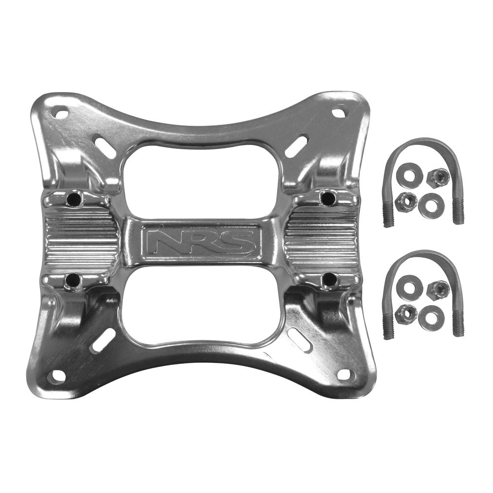 The NRS Angler Seat Bar features a silver hardware plate with the "NRS" logo, crafted from hot-forged aluminum alloy. It comes with two U-bolts, four washers, and four nuts for durable integration.