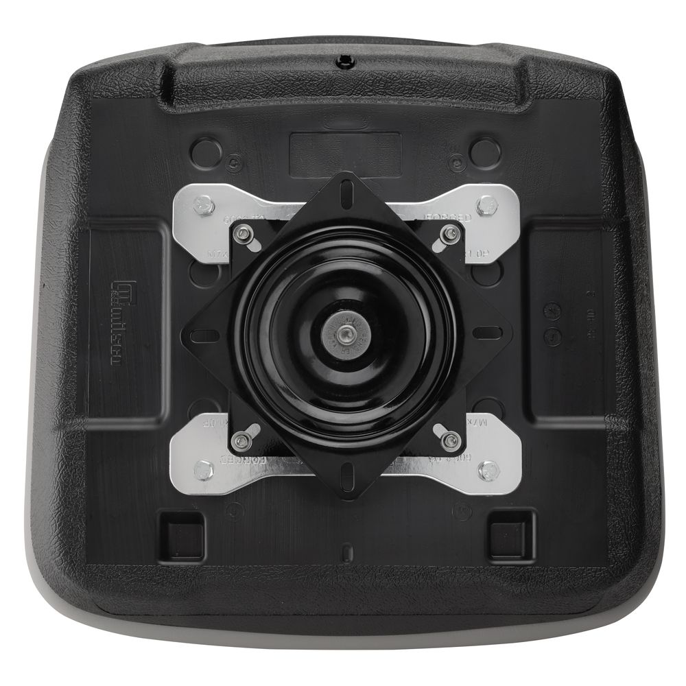 The bottom view of this NRS High Back Swivel Seat's black plastic base shows a central metal pivot with multiple mounting points, making it ideal as a universal seat mount for any fishing raft. Perfect for your needs!.