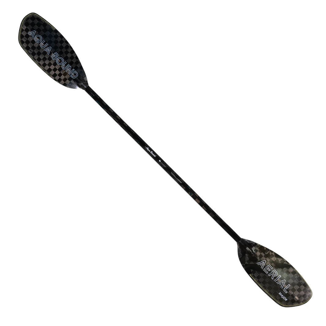 Discover the Aerial Major by AquaBound, a sleek black carbon paddle featuring Lam-Lok technology with two blades displaying the white "Aqua-Bound" logos for style and performance.