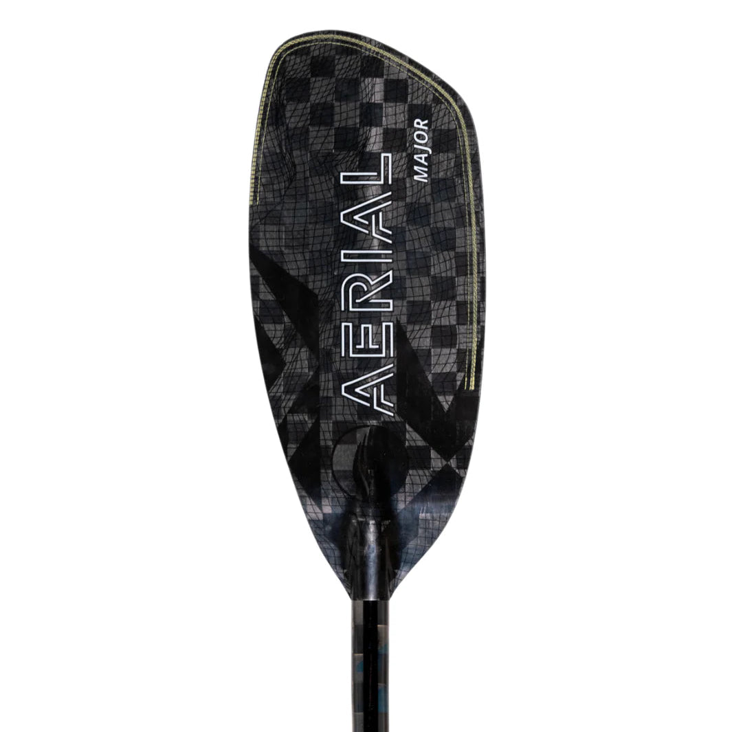 A close-up of the carbon fiber paddle blade reveals a checkered pattern with "Aerial" prominently displayed. The AquaBound Aerial Major features advanced Lam-Lok technology for superior durability and performance.