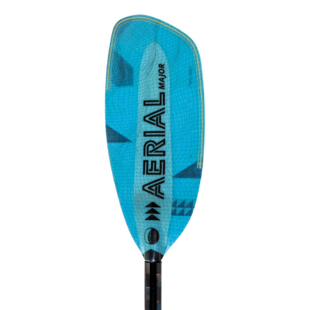 The Aerial Major by AquaBound has a blue paddle blade with "AERIAL" in bold and geometric patterns, securely attached to a dark shaft using Lam-Lok™ technology for durability.