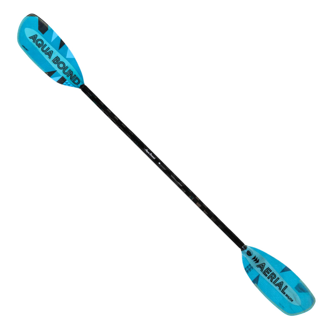 The AquaBound Aerial Major blue kayak paddle features "Aerial" on both blades, black accents, a black shaft, and Lam-Lok™ technology for enhanced blade durability, ensuring ultimate water performance.