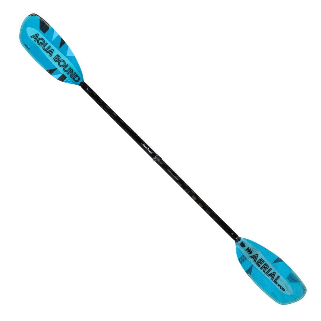 The AquaBound Aerial Major 4-Piece kayak paddle features a sleek design with a sturdy black shaft and two blue blades, elegantly labeled "Aerial" on each blade. This carbon paddle with Lam-Lok™ technology is showcased against a plain white background.