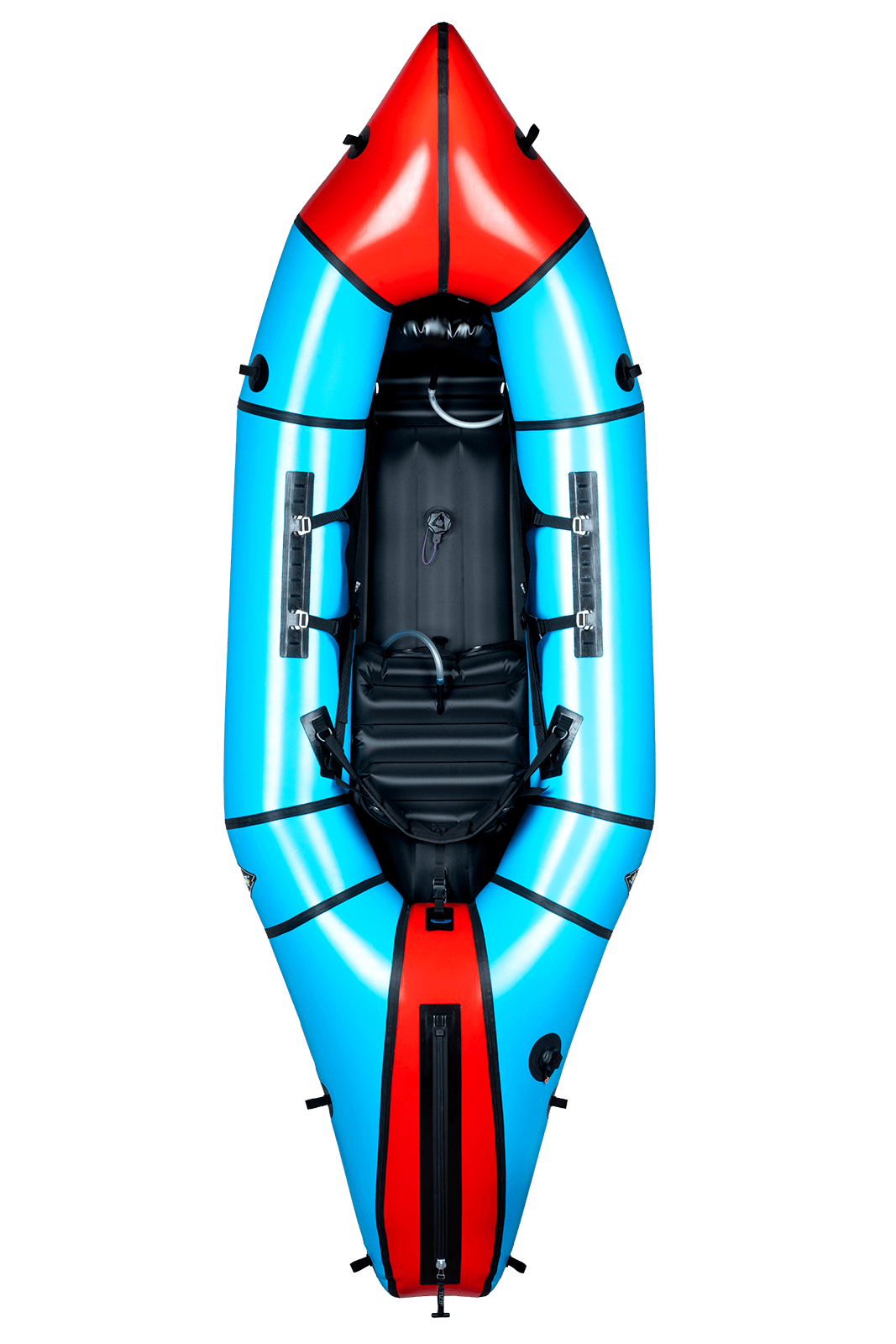 The Alpacka Mage is a red and blue inflatable kayak with black accents, designed for packrafters. Viewed from above, it showcases a single seat and oar holders, crafted to enhance whitewater performance.