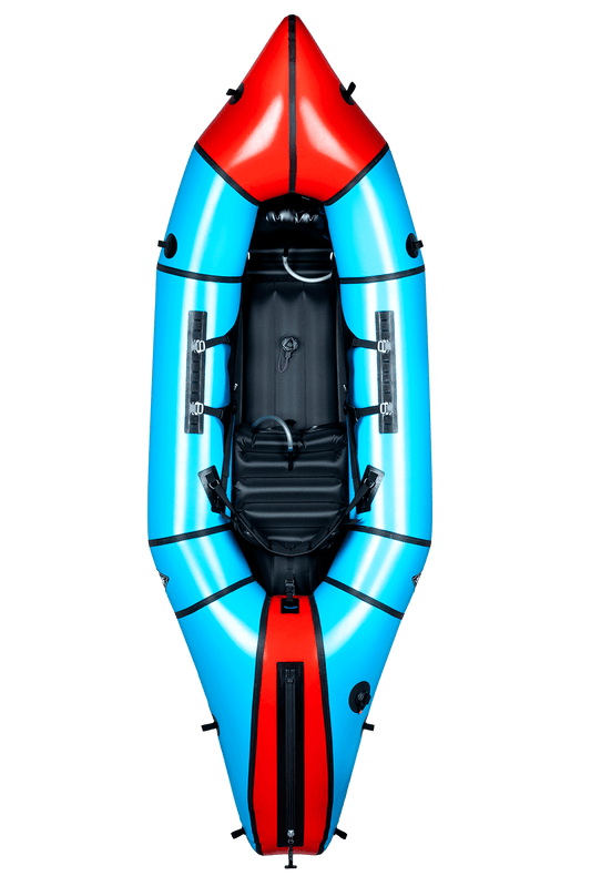 The Alpacka Mage is a red and blue inflatable kayak with black accents, designed for packrafters. Viewed from above, it showcases a single seat and oar holders, crafted to enhance whitewater performance.