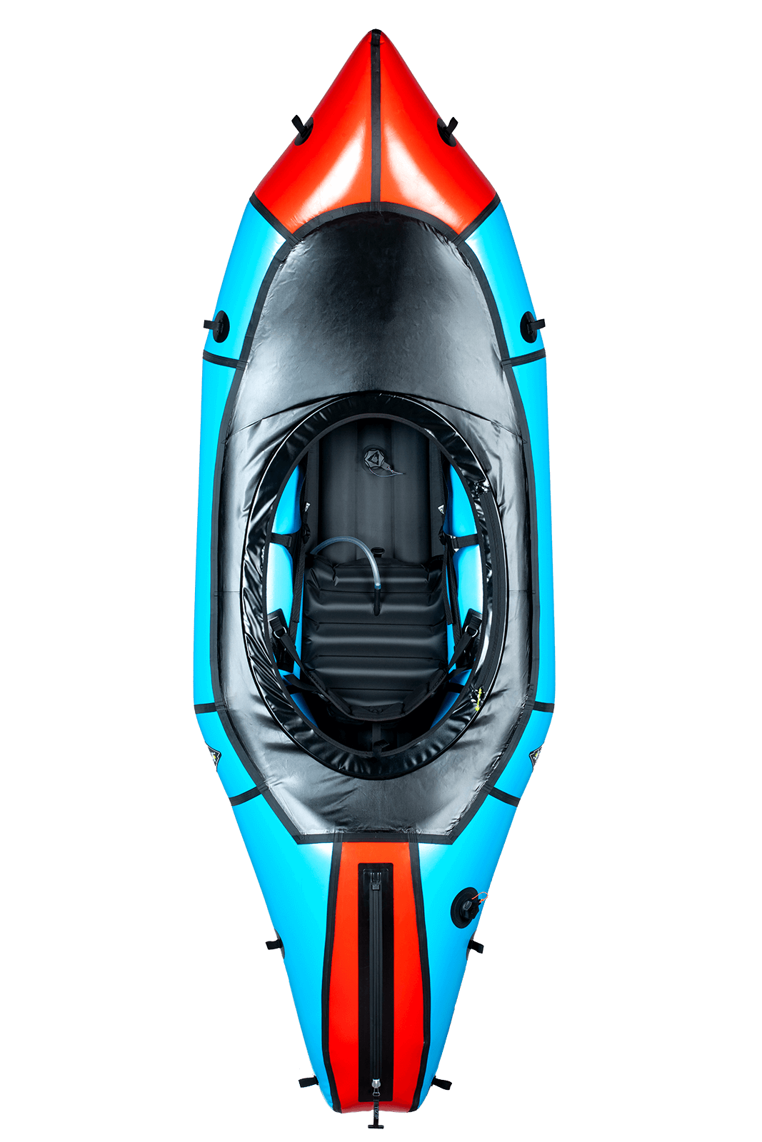 Aerial view of the Alpacka Mage inflatable kayak in blue and red, featuring a black seat and cockpit designed for whitewater performance, isolated on a white background.