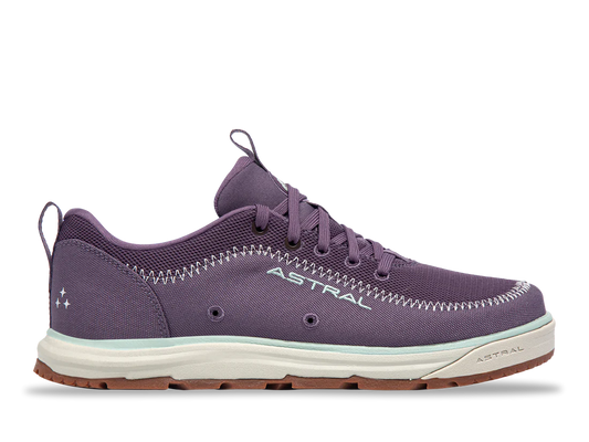 The Brewer 3.0 by Astral is a purple casual sneaker made from hydrophobic canvas, ideal for kayakers. It boasts white stitched details, a white sole, a heel loop, and proudly displays the brand name "ASTRAL" on the side.