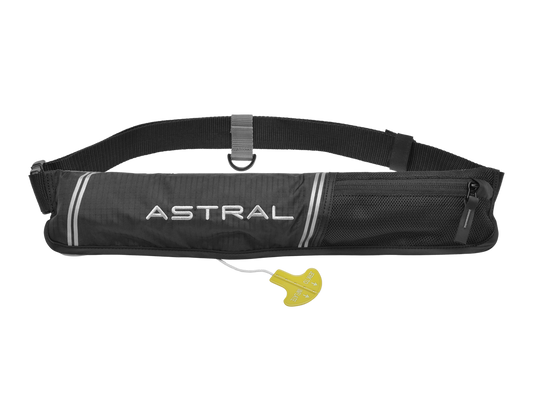 The Astral AirBelt 2.0 Inflatable PFD is a black waist pack adorned with the "Astral" logo, featuring a zippered compartment and a yellow pull tab, designed for flatwater SUPing adventures.