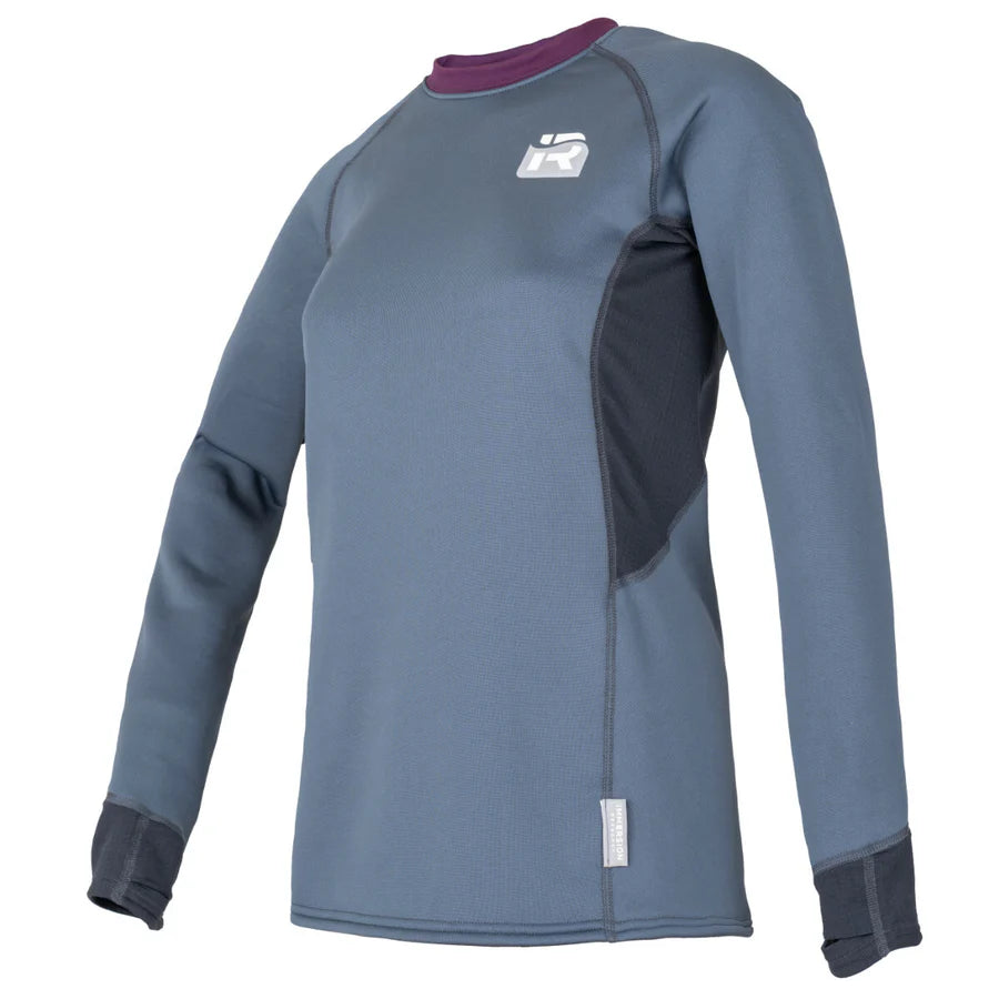 The Immersion Research Susitna Pullover for women is a long-sleeve wetsuit top with a logo on the chest, dark gray side panels, black cuffs, and a purple-trimmed neckline. Made from Polartec fabric, it wicks moisture to keep you comfortable in any conditions.