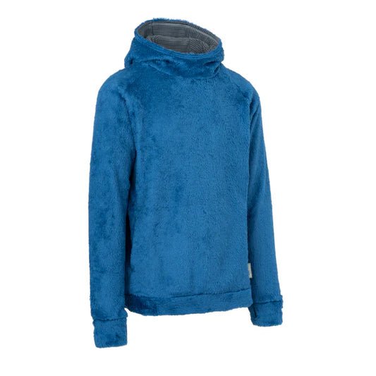 The Hot Lap Hoodie - Womens by Immersion Research features a blue fuzzy Polartec material with a high collar and long sleeves, crafted to warm up quickly. Presented on a white background, this lightweight garment is the ideal choice for staying cozy.